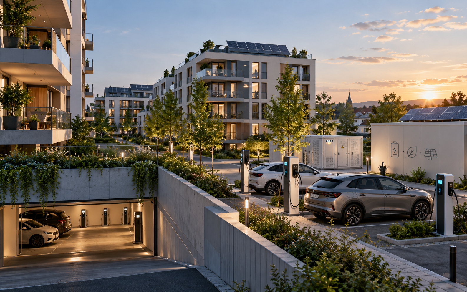 Modernes Quartier mit Ladepunkten, Photovoltaik und Energieinfrastruktur.