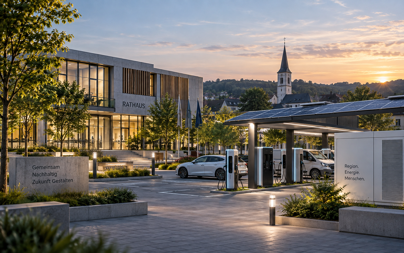 Kommunaler Energie- und Mobilitätshub mit Ladepunkten und Photovoltaik.