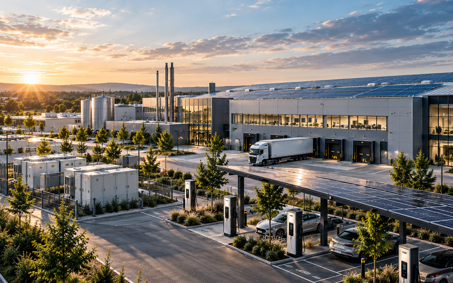 Industrie- und Gewerbestandort mit Photovoltaik, Energieinfrastruktur und Ladepunkten.