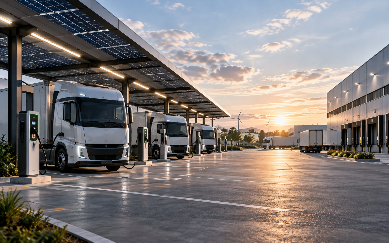 Logistikstandort mit elektrischen LKW und Ladeinfrastruktur.