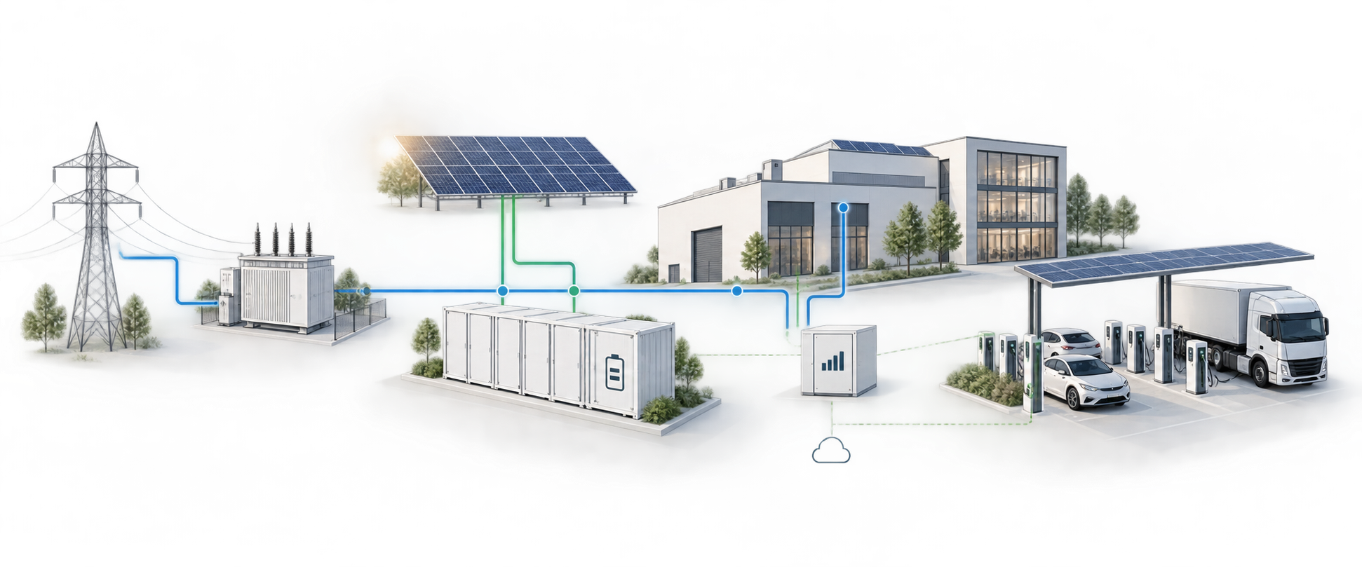 Systemische Energiearchitektur mit Netzanschluss, Transformator, Photovoltaik, Batteriespeicher, Gebäuden und Ladeinfrastruktur.